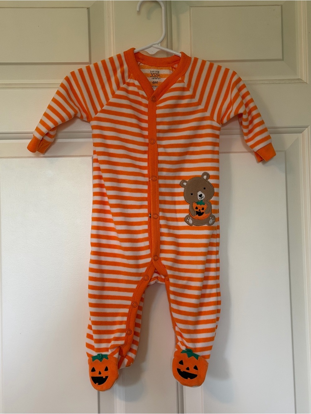Carter's Orange and White Striped Footed One-Piece with Pumpkin Bear
